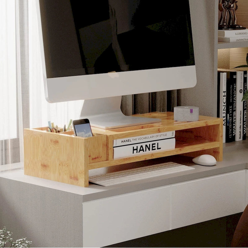 Support de bureau en bois pour écran d'ordinateur avec tiroir