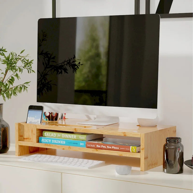 Support de bureau en bois pour écran d'ordinateur avec tiroir