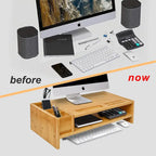 Support de bureau en bois pour écran d'ordinateur avec tiroir