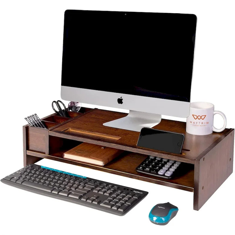 Support de bureau en bois pour écran d'ordinateur avec tiroir