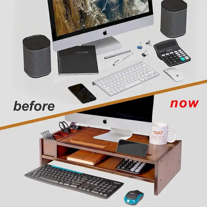 Support de bureau en bois pour écran d'ordinateur avec tiroir
