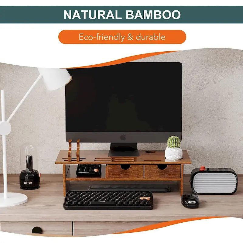 Support de bureau en bois pour écran d'ordinateur avec tiroir