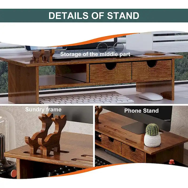 Support de bureau en bois pour écran d'ordinateur avec tiroir