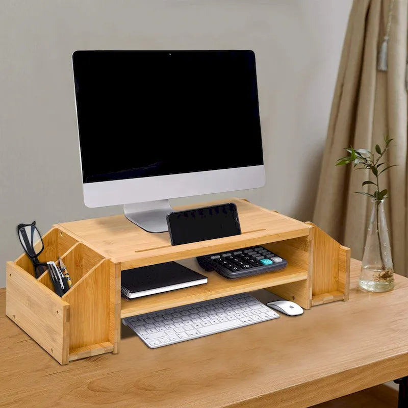 Support de bureau en bois pour écran d'ordinateur avec tiroir