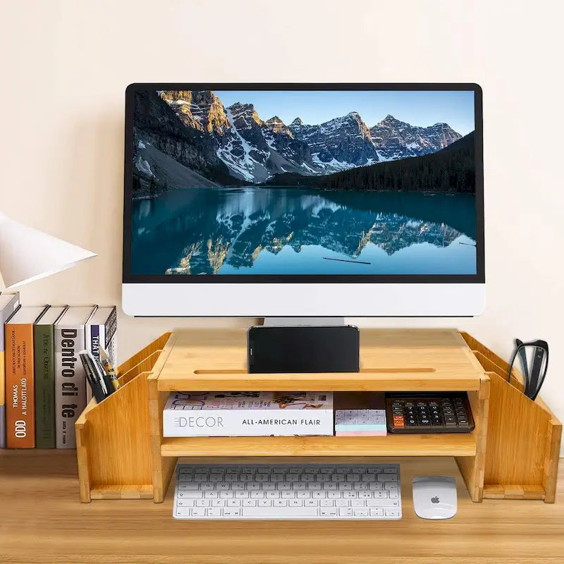 Support de bureau en bois pour écran d'ordinateur avec tiroir