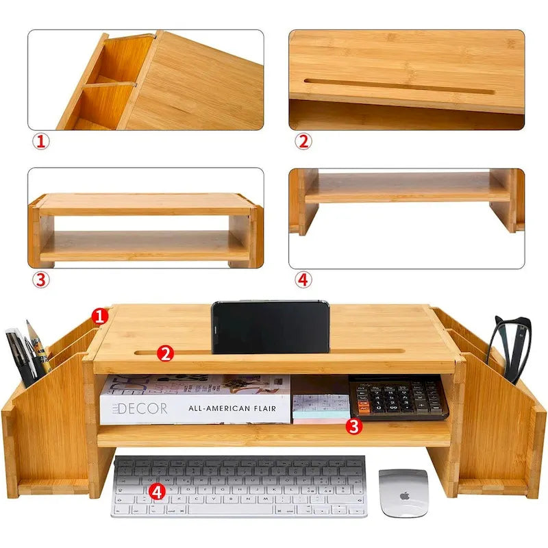 Support de bureau en bois pour écran d'ordinateur avec tiroir