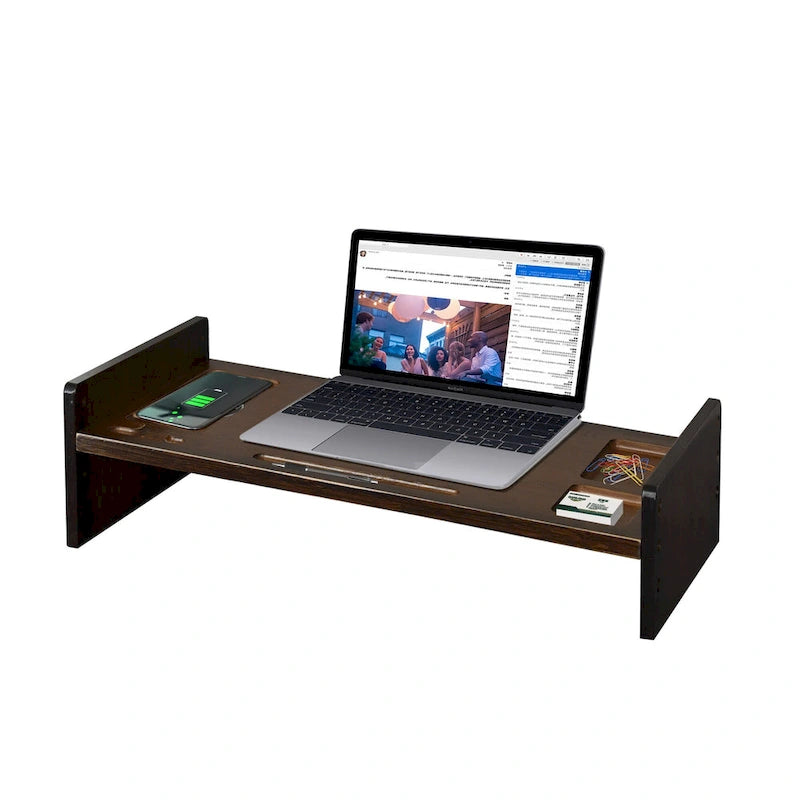 Support de bureau en bois pour écran d'ordinateur avec tiroir