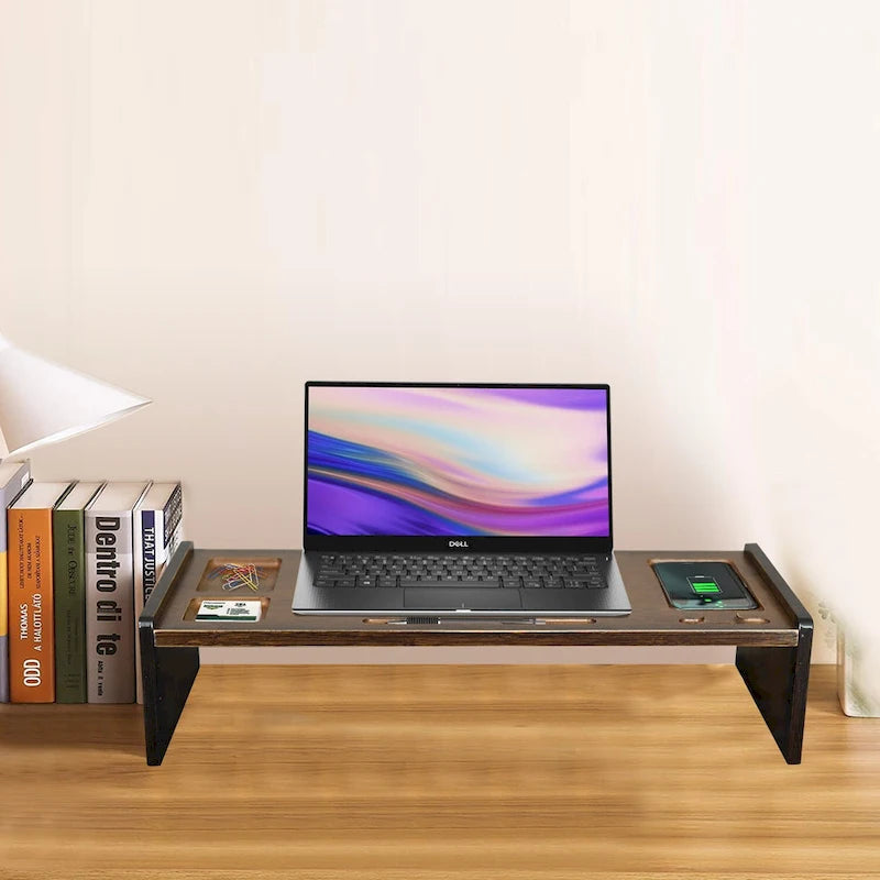 Support de bureau en bois pour écran d'ordinateur avec tiroir