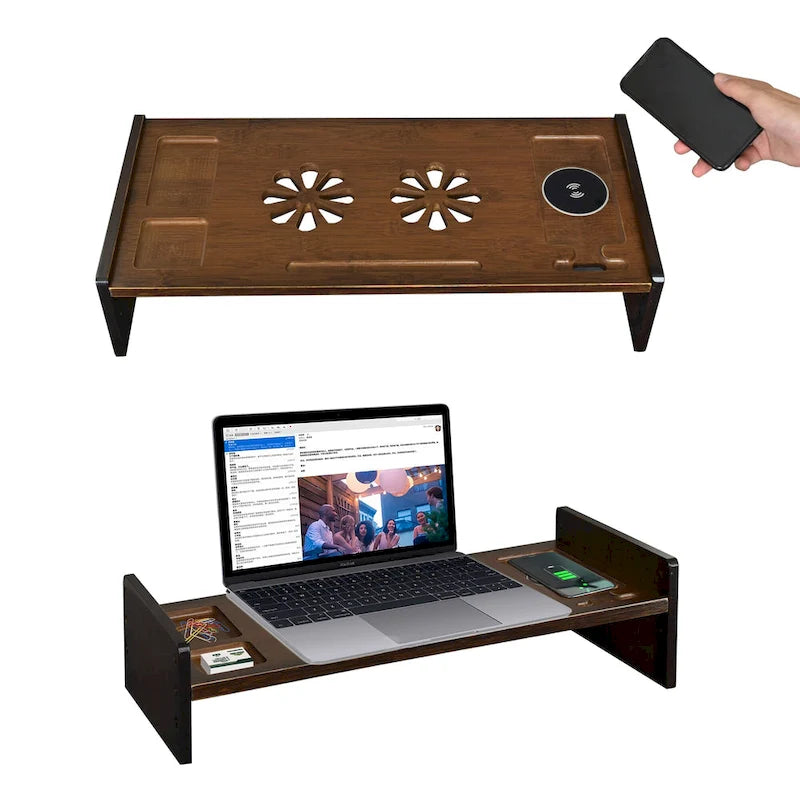 Support de bureau en bois pour écran d'ordinateur avec tiroir