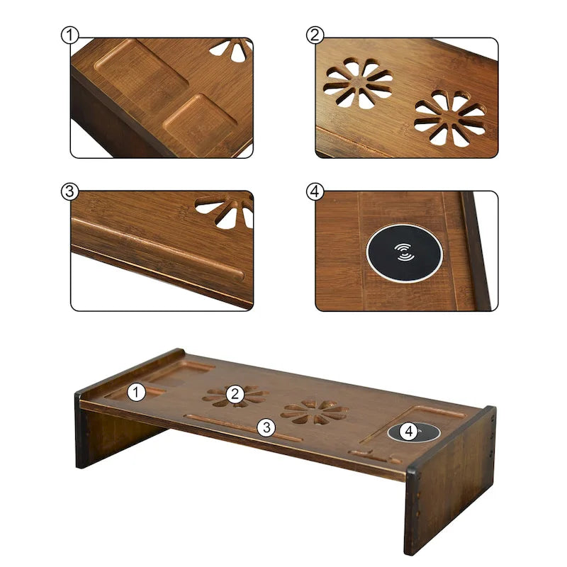 Support de bureau en bois pour écran d'ordinateur avec tiroir