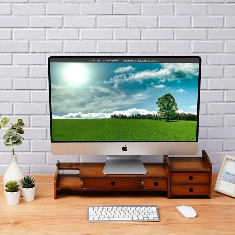 Support de bureau en bois pour écran d'ordinateur avec tiroir