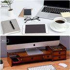 Support de bureau en bois pour écran d'ordinateur avec tiroir