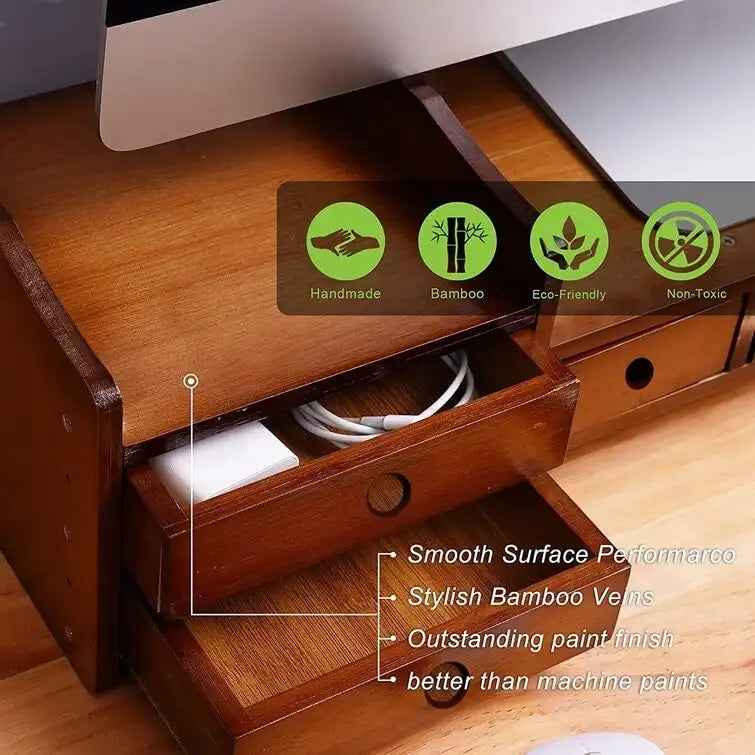 Support de bureau en bois pour écran d'ordinateur avec tiroir