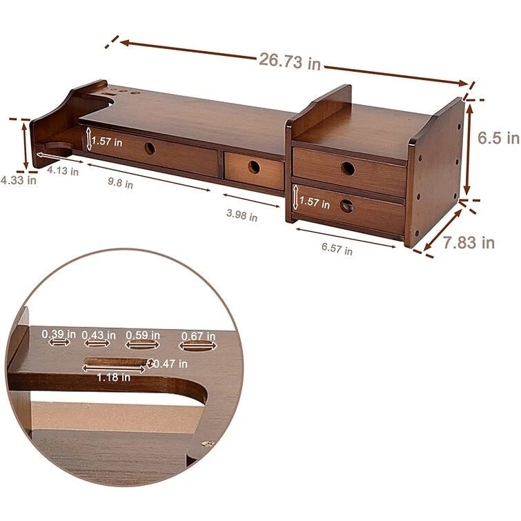 Support de bureau en bois pour écran d'ordinateur avec tiroir