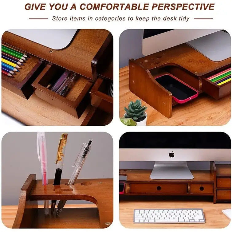 Support de bureau en bois pour écran d'ordinateur avec tiroir