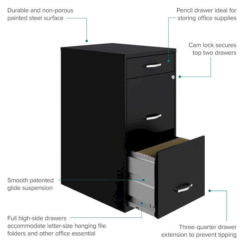 Classeur métallique Space Solutions 18 pouces de profondeur, 3 tiroirs, noir