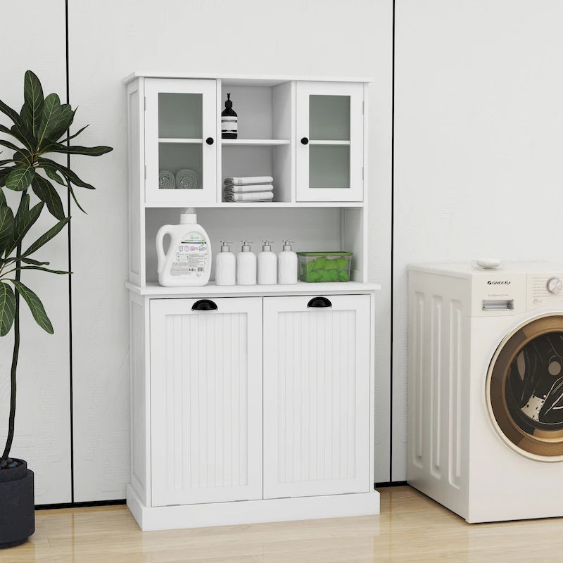 Armoire de salle de bain haute avec panier à linge sale basculant à deux compartiments