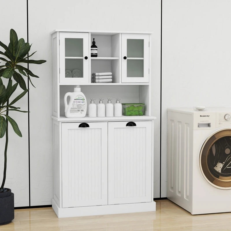 Armoire de salle de bain haute avec panier à linge sale basculant à deux compartiments