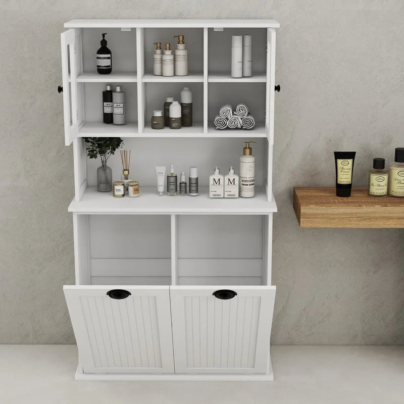 Armoire de salle de bain haute avec panier à linge sale basculant à deux compartiments