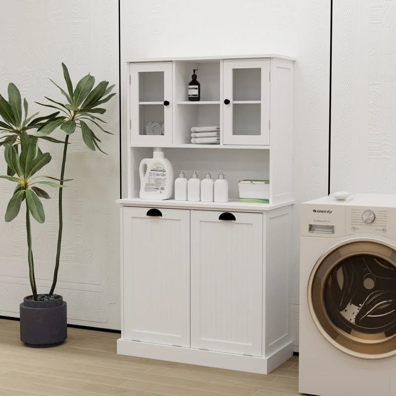 Armoire de salle de bain haute avec panier à linge sale basculant à deux compartiments
