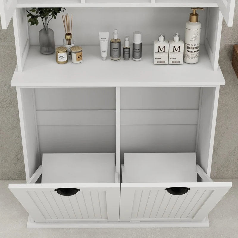 Armoire de salle de bain haute avec panier à linge sale basculant à deux compartiments