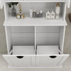 Armoire de salle de bain haute avec panier à linge sale basculant à deux compartiments