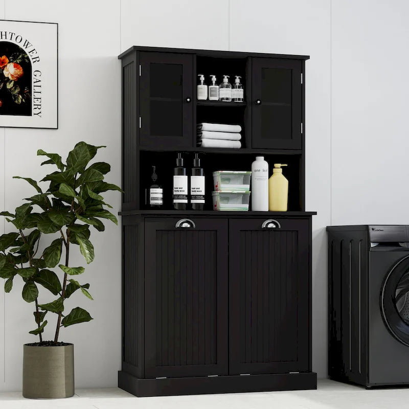 Armoire de salle de bain haute avec panier à linge sale basculant à deux compartiments