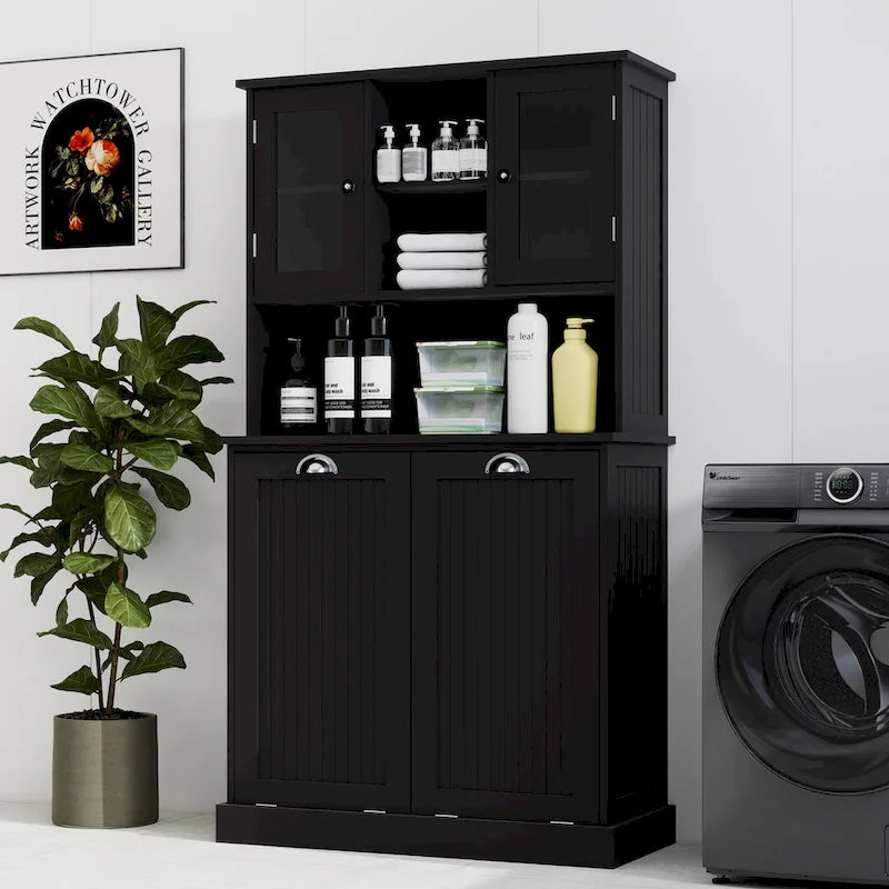Armoire de salle de bain haute avec panier à linge sale basculant à deux compartiments