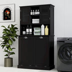 Armoire de salle de bain haute avec panier à linge sale basculant à deux compartiments