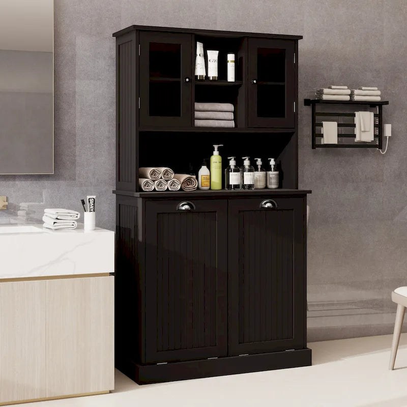 Armoire de salle de bain haute avec panier à linge sale basculant à deux compartiments