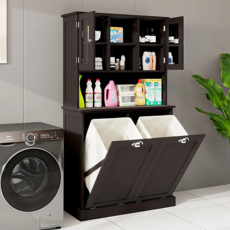 Armoire de salle de bain haute avec panier à linge sale basculant à deux compartiments