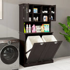 Armoire de salle de bain haute avec panier à linge sale basculant à deux compartiments