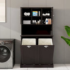 Armoire de salle de bain haute avec panier à linge sale basculant à deux compartiments
