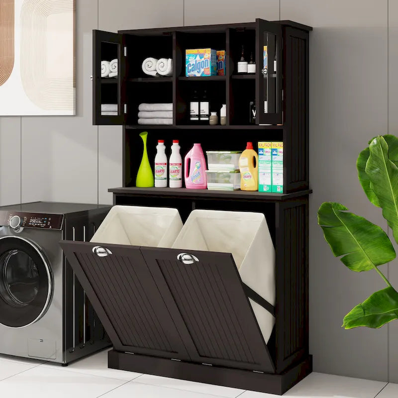 Armoire de salle de bain haute avec panier à linge sale basculant à deux compartiments