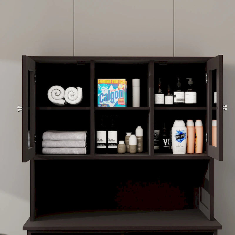 Armoire de salle de bain haute avec panier à linge sale basculant à deux compartiments