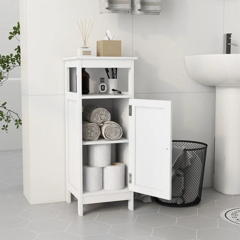 Meuble de salle de bain blanc sur pied avec une porte, armoire autoportante, organisateur de rangement