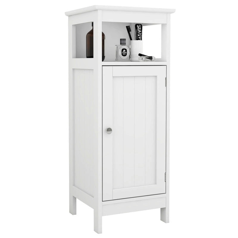 Meuble de salle de bain blanc sur pied avec une porte, armoire autoportante, organisateur de rangement