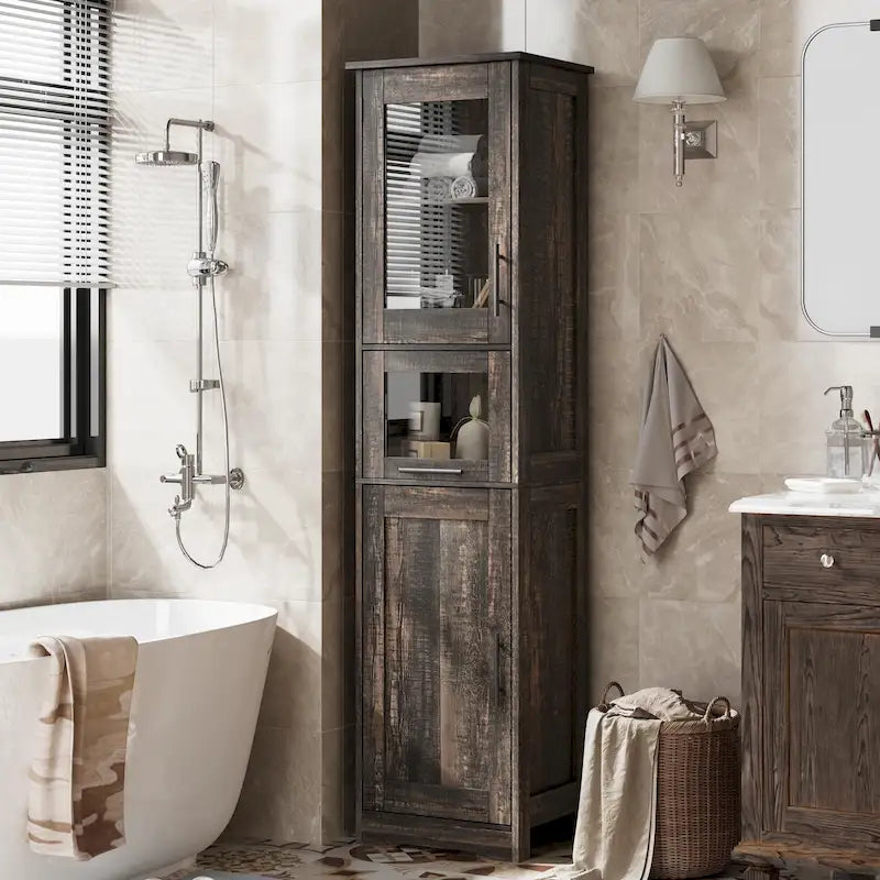 Armoire de salle de bain haute, armoire de rangement étroite avec portes et étagère réglable