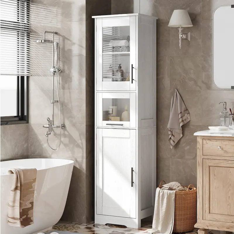 Armoire de salle de bain haute, armoire de rangement étroite avec portes et étagère réglable