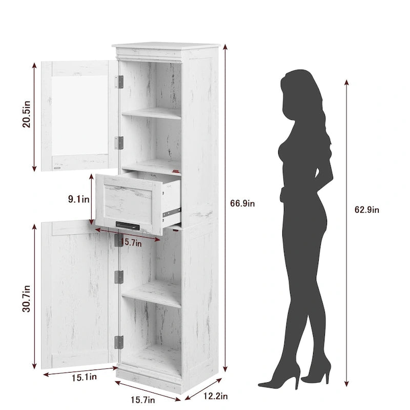 Armoire de salle de bain haute, armoire de rangement étroite avec portes et étagère réglable