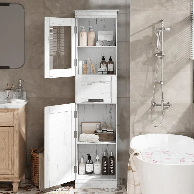Armoire de salle de bain haute, armoire de rangement étroite avec portes et étagère réglable