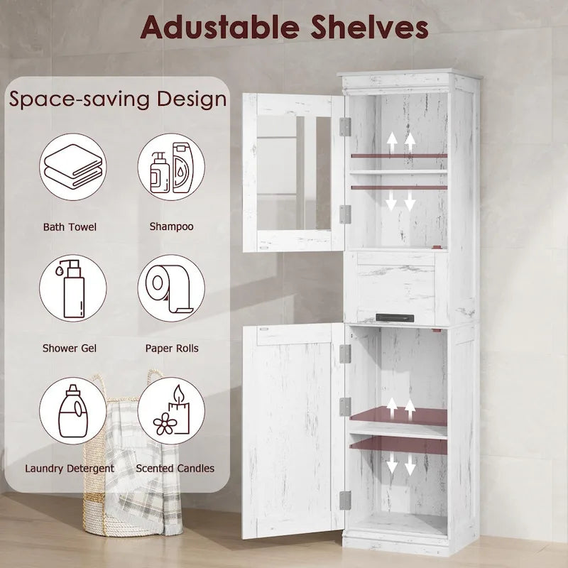 Armoire de salle de bain haute, armoire de rangement étroite avec portes et étagère réglable
