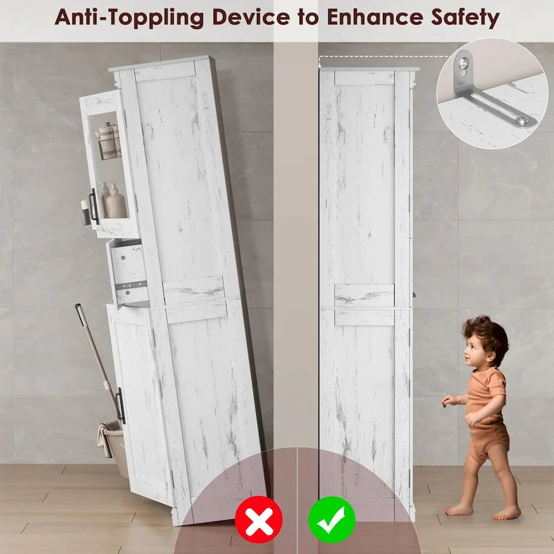 Armoire de salle de bain haute, armoire de rangement étroite avec portes et étagère réglable