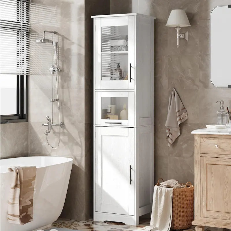 Armoire de salle de bain haute, armoire de rangement étroite avec portes et étagère réglable