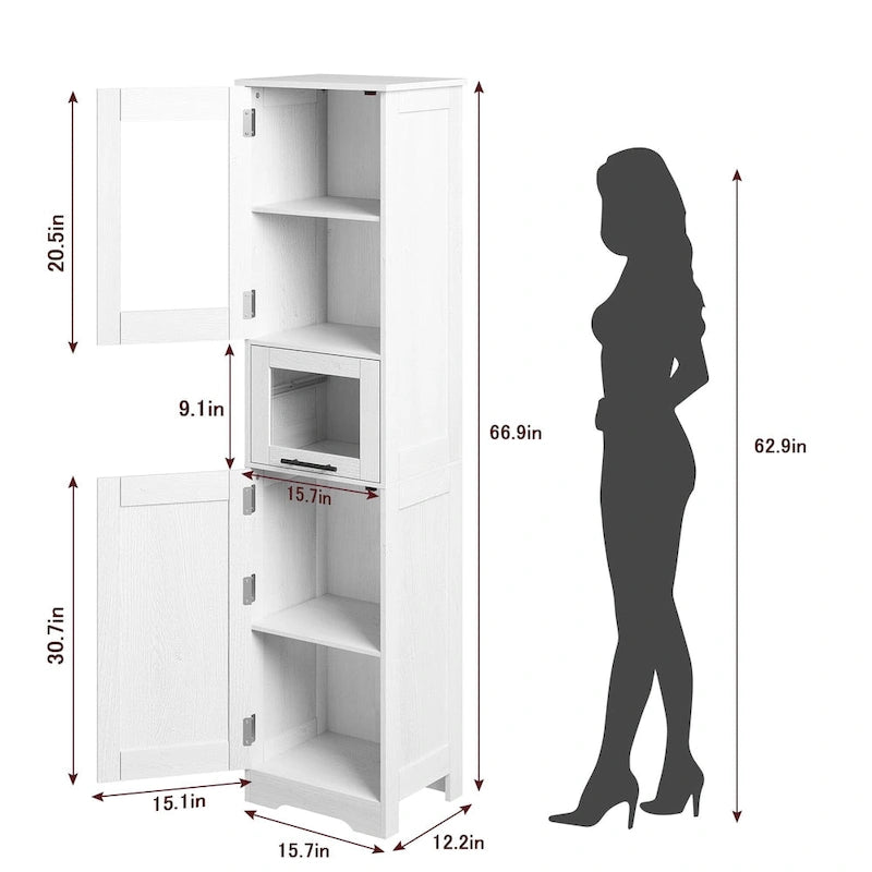 Armoire de salle de bain haute, armoire de rangement étroite avec portes et étagère réglable