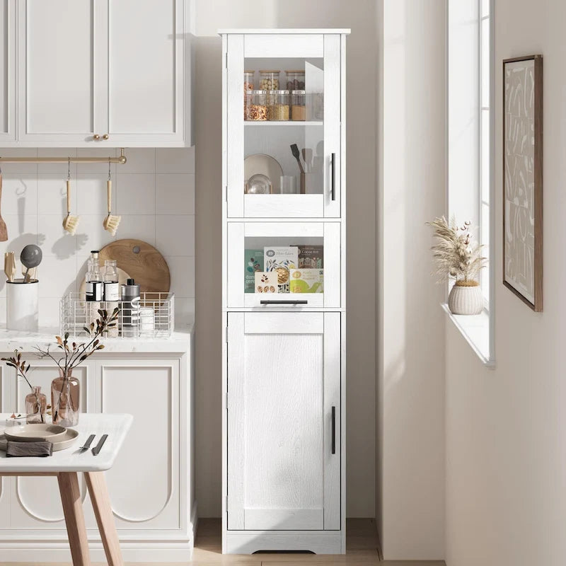 Armoire de salle de bain haute, armoire de rangement étroite avec portes et étagère réglable