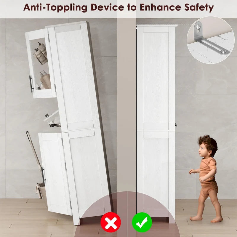 Armoire de salle de bain haute, armoire de rangement étroite avec portes et étagère réglable