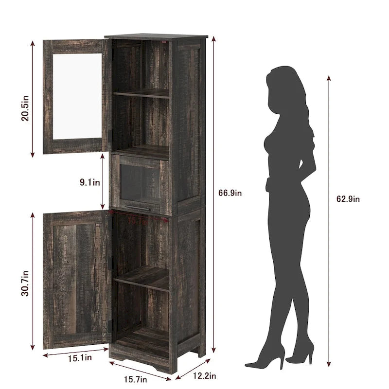 Armoire de salle de bain haute, armoire de rangement étroite avec portes et étagère réglable