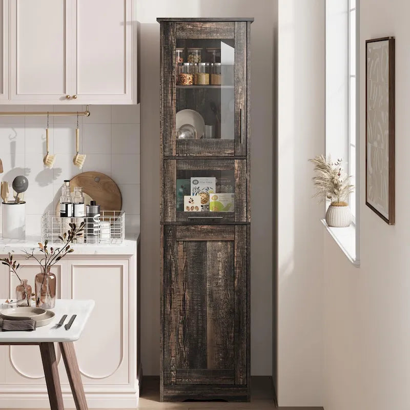 Armoire de salle de bain haute, armoire de rangement étroite avec portes et étagère réglable