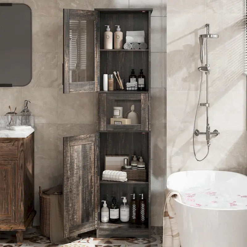 Armoire de salle de bain haute, armoire de rangement étroite avec portes et étagère réglable